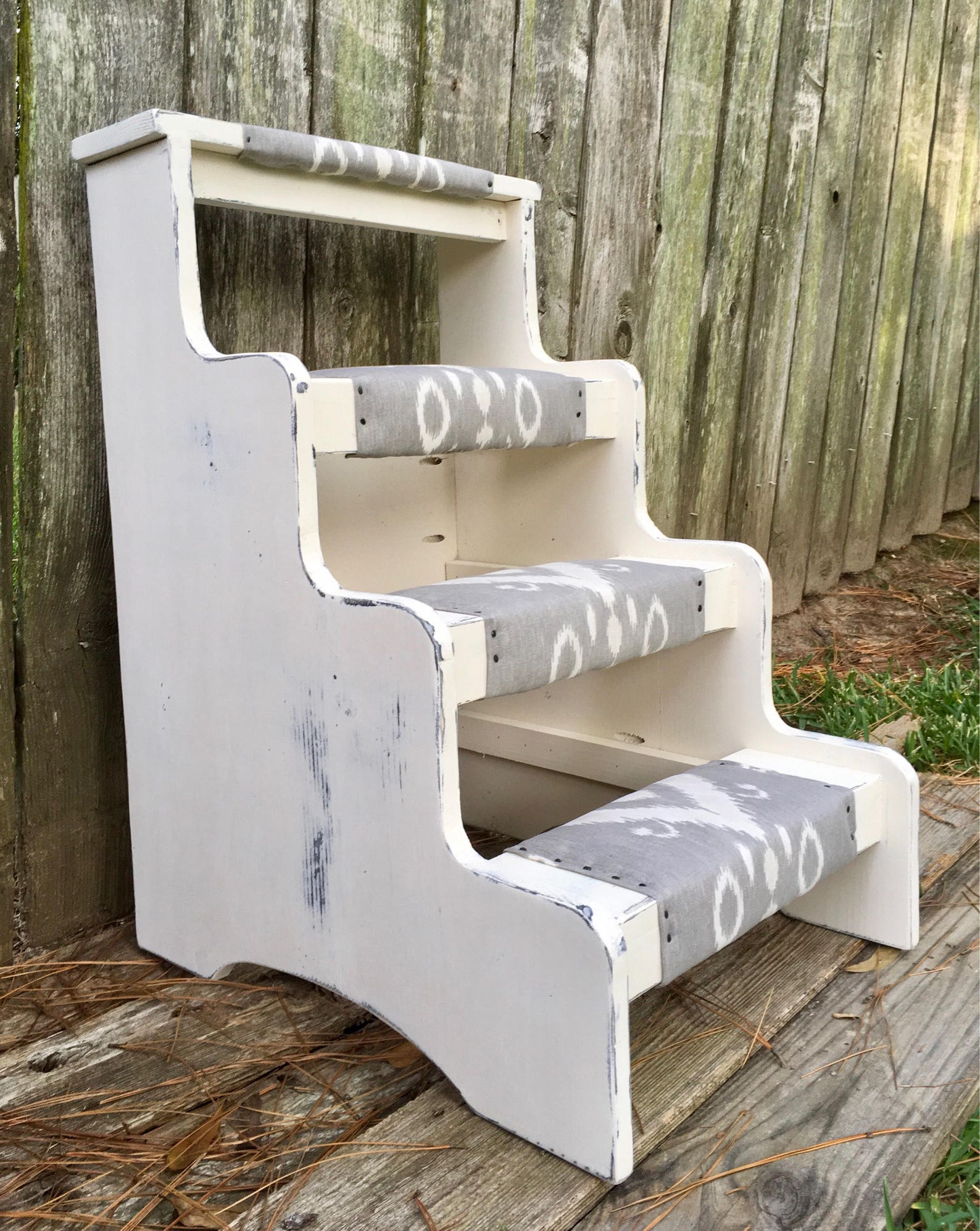 Bed Steps Wooden White Distressed Finish Gray Upholstered Step Etsy