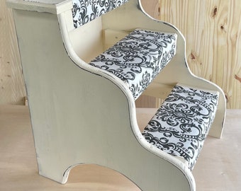 Bed step white distressed three step stair with black and white upholstery used for pets or people can be customized to fit your style