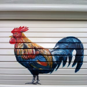 Bread box white with brightly colored rooster artistically painted on sliding door custom finishes and art welcome