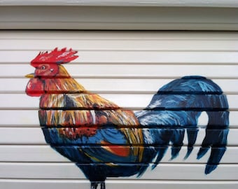 Bread box white with brightly colored rooster artistically painted on sliding door custom finishes and art welcome