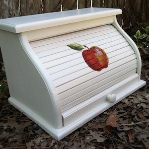 Bread box white personalized with an apple artisticly painted on front of the wooden roll top bread bin custom finishes welcome