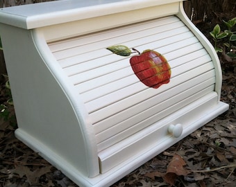 Bread box white personalized with an apple artisticly painted on front of the wooden roll top bread bin custom finishes welcome