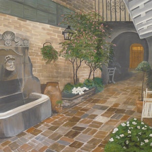 Pintura de Nueva Orleans Barrio Francés, jardín del patio de Nueva Orleans con fuente y banco, pintura realista original