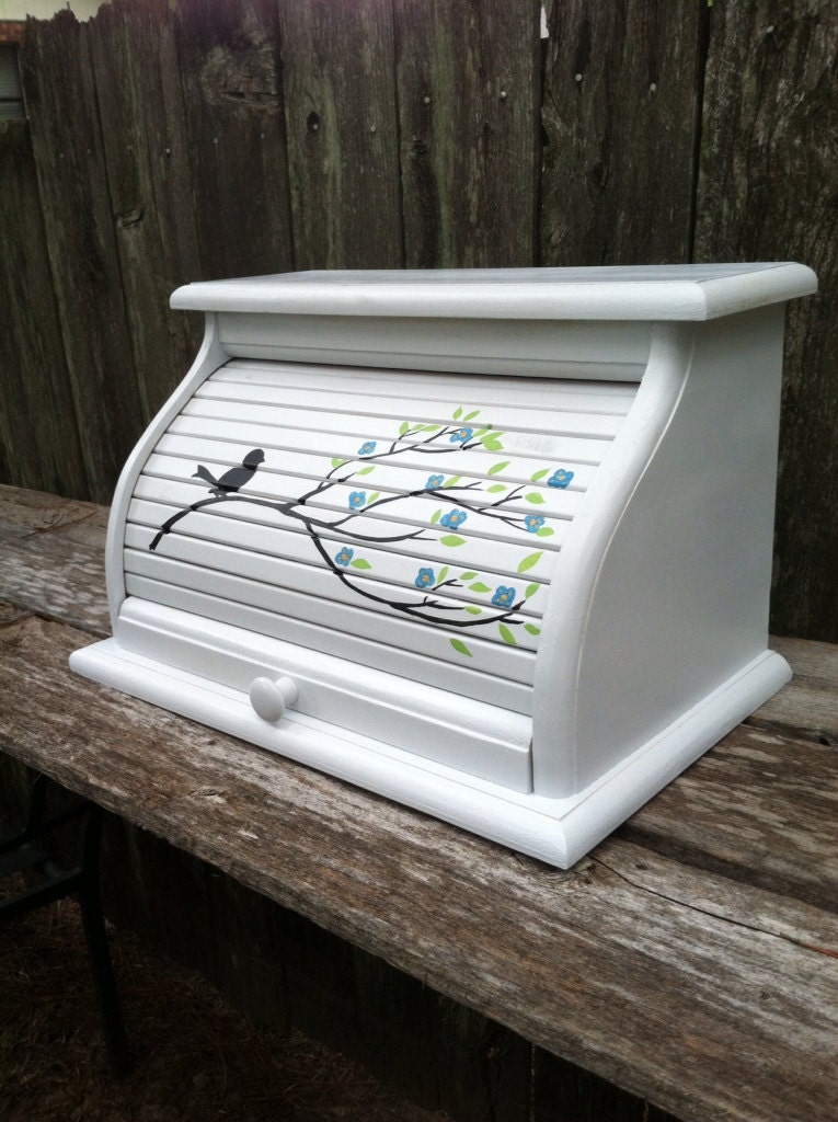 Customizable White Bread Box With Bird and Blossom Design - Etsy