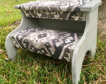 Upholstered Pet Steps, Gray Kilim Fabric & Black Tacks