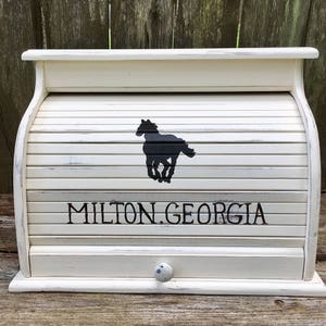 Farmhouse bread box extra large with hand painted black horse silhouette on front of bread bin rolltop door