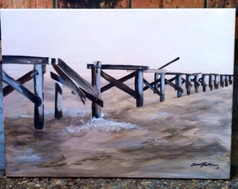 Original painting of Broken pier over water done in soft natural tones in point perspective style off gulf coast. See poem in description