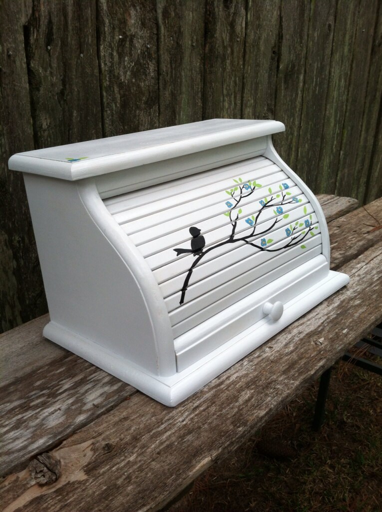 Customizable White Bread Box With Bird and Blossom Design - Etsy