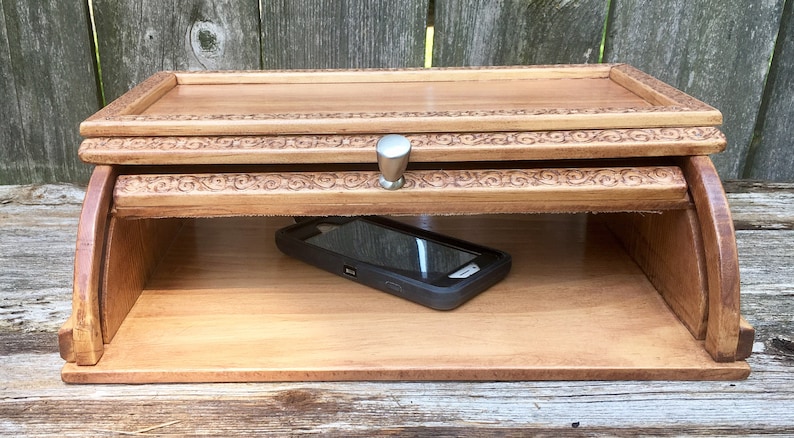 Charging station wood with roll top door docking cell phones electronics and valet tray on top for watches jewelry keys free shipping image 2