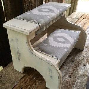 Bed steps white farmhouse distressed finish with gray fabric for pets or people customizable image 2