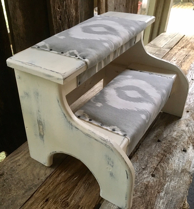 Bed steps white farmhouse distressed finish with gray fabric for pets or people customizable image 2