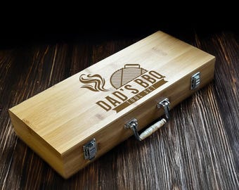 Personalised Bamboo BBQ Tools & Box Set, Custom Engraved Barbecue Utensils Case, Grill Master, Gift For Him, Dad, Housewarming BBQ Gift