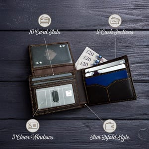 May include: A brown leather bifold wallet with 10 card slots, 2 cash sections, and 3 clear windows. The wallet is open and shows the interior compartments.