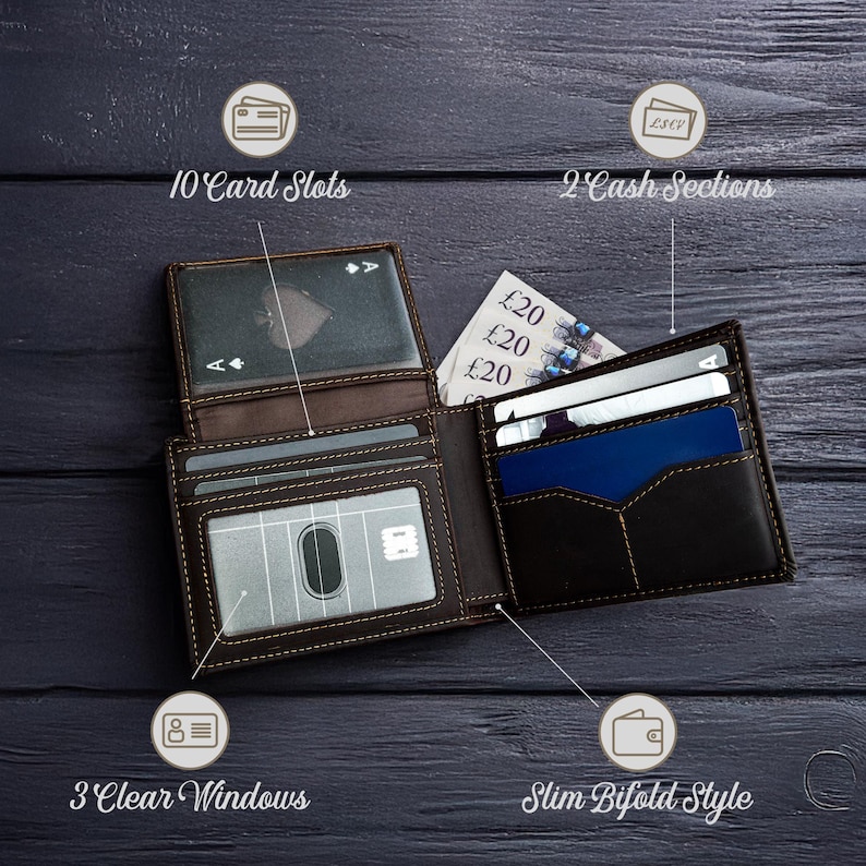 May include: A brown leather bifold wallet with 10 card slots, 2 cash sections, and 3 clear windows. The wallet is open and shows the interior compartments.