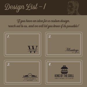 Może przedstawiać: Grafika z listą projekt&oacute;w na brązowym tle z białymi obramowaniami. Tekst brzmi "Design List -1" i "Jeśli masz pomysł na niestandardowy projekt, skontaktuj się z nami, a my poinformujemy Cię, czy jest to możliwe!" Pokazano cztery przykłady projekt&oacute;w.