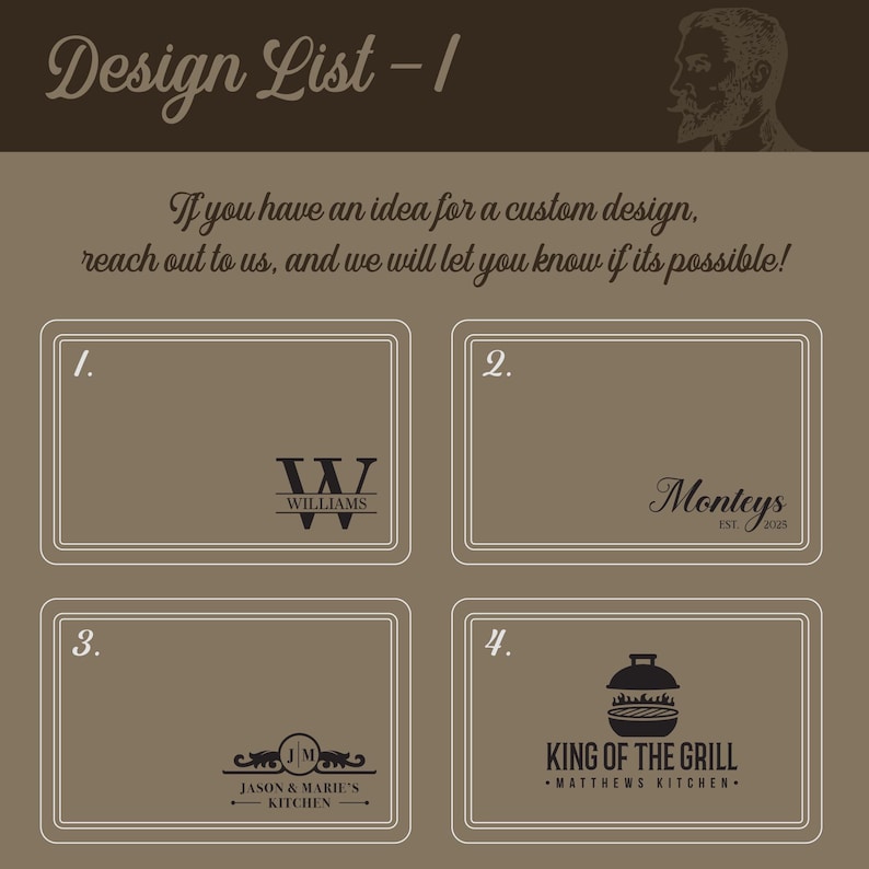 Może przedstawiać: Grafika z listą projekt&oacute;w na brązowym tle z białymi obramowaniami. Tekst brzmi "Design List -1" i "Jeśli masz pomysł na niestandardowy projekt, skontaktuj się z nami, a my poinformujemy Cię, czy jest to możliwe!" Pokazano cztery przykłady projekt&oacute;w.