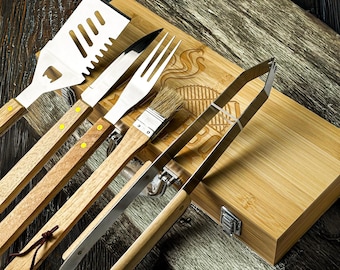 Personalised Bamboo BBQ Tool Set Custom Engraving Complete Barbecue Utensils Perfect Gift for Dad Grill Master Housewarming Fathers Day