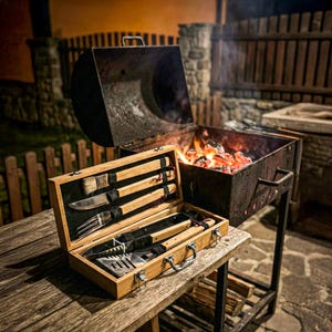 May include: A wooden barbecue tool set with a brush, knife, fork, and spatula, displayed in an open wooden case. The set is on a wooden table next to a lit charcoal grill. The grill is black and has a round top.