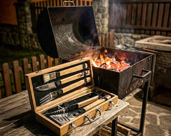 BBQ Tool Set Personalised Custom Engraved Bamboo Case Gift For Him Dad