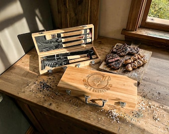Personalised BBQ Tool Set Gift For Dad Custom Engraved Bamboo Case