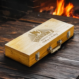 Personalized Bamboo BBQ Tools Set Custom Engraved Grill Utensils Case Perfect Gift for Dad Housewarming Grill Master Anniversary Groomsmen