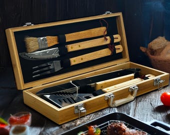 Personalised Bamboo BBQ Tools & Box Set, Custom Engraved Barbecue Utensils Case, Grill Master, Gift For Him, Dad, Housewarming BBQ Gift