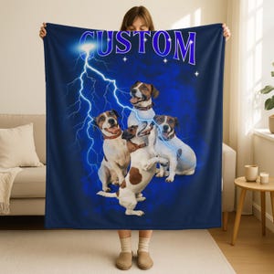 May include: A navy blue blanket featuring a graphic of four Jack Russell Terriers with brown and white markings. The blanket has a blue lightning bolt design and the word "CUSTOM" in blue.