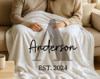 Personalized Monogram Family Name Blanket, Cute Newlywed Gift, Custom Initial Throw Blanket, Gift for Couple, Family Established Blanket,