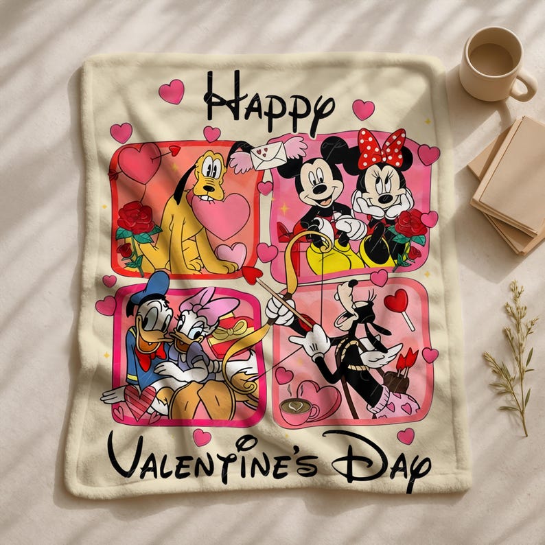 A Valentine's Day-themed blanket featuring characters from Disney's animated films, including Donald Duck, Minnie Mouse, Pluto, and Mickey Mouse, surrounded by hearts and flowers.