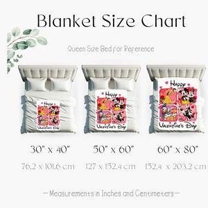 A size chart for a Queen Size Bed for Reference, featuring three different blanket sizes with illustrations of Minnie Mouse and Mickey Mouse.