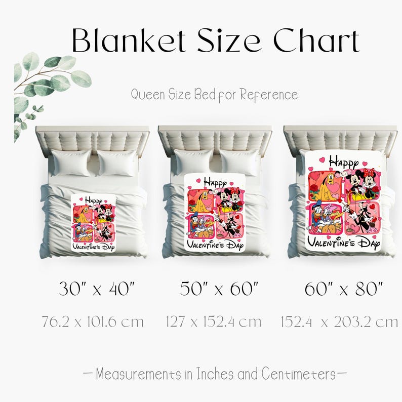 A size chart for a Queen Size Bed for Reference, featuring three different blanket sizes with illustrations of Minnie Mouse and Mickey Mouse.