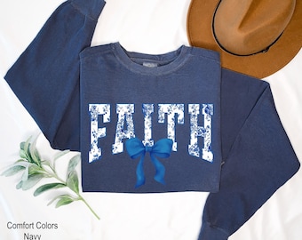 Faith Bow Sweatshirt, Christian Coquette Shirt, Christian Girl Gift, Inspirational Shirt, Religious Gift for Her, Christian Sweatshirt