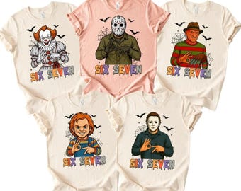 Halloween Six Seven Trending Movie Character Shirt, Horror Killer Characters Shirt, Scary Social Media Trend, Six Seven Meme Pumpkin Tee