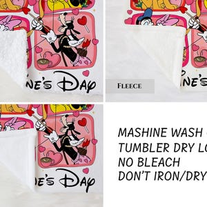 The image is a collage of four images showing a Disney-themed towel. The towel features characters from the Disney movie "Disney's Day" and has text instructions for washing and drying the towel.
