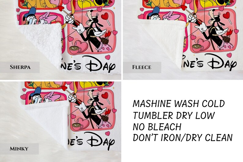 The image is a collage of four images showing a Disney-themed towel. The towel features characters from the Disney movie "Disney's Day" and has text instructions for washing and drying the towel.