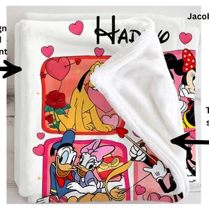 The image is a collage of cartoon characters, including Minnie Mouse, Donald Duck, and Pluto, with hearts and a rose as decorative elements. The back of the image is solid white, and the front of the image shows the printed design.