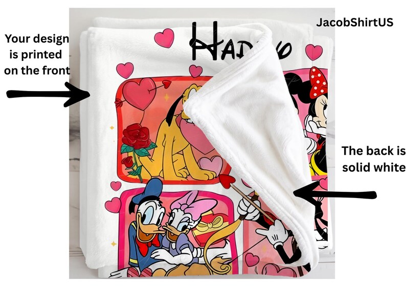The image is a collage of cartoon characters, including Minnie Mouse, Donald Duck, and Pluto, with hearts and a rose as decorative elements. The back of the image is solid white, and the front of the image shows the printed design.