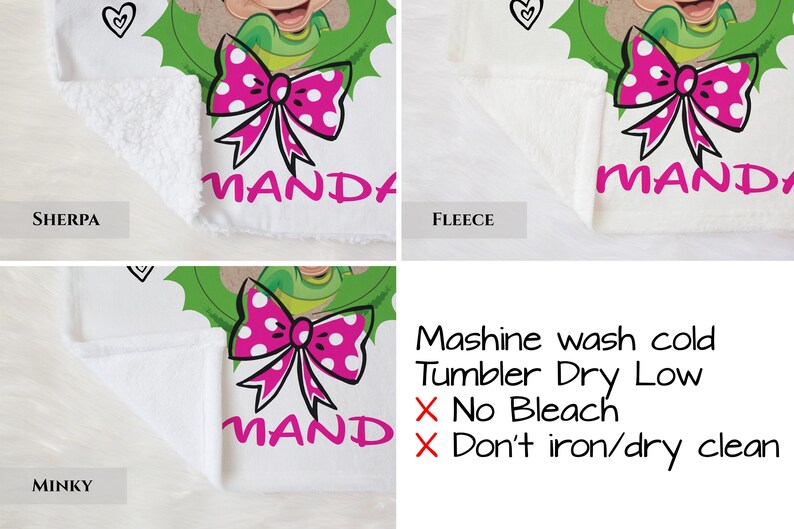 The image is a collage of three images showing a teddy bear with a bow, labeled 'MANDA', and three different washing instructions for the teddy bear.