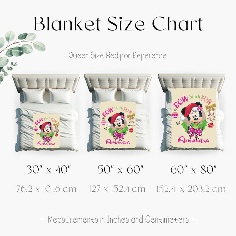 A size chart for a Queen Size Bed for Reference, featuring three different blanket sizes labeled 30", 50", and 60" in inches and centimeters.