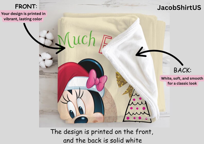 a printed design of Minnie Mouse on a white background, with a caption describing the design process.