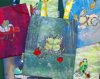 illustrated frog cotton canvas tote bag