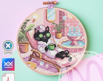 Patrón de punto de cruz de un divertido gato en un spa (PDF)