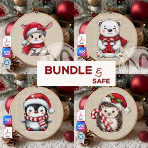 May include: Four cross-stitch embroidery hoops with Christmas designs. Includes a bunny, polar bear, penguin, and hedgehog, all wearing festive hats and scarves. The text "BUNDLE & SAFE" is displayed in the centre.