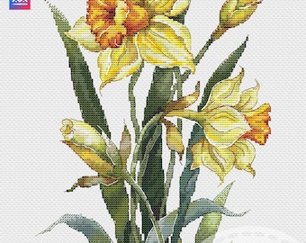 Patrón de punto de cruz de narcisos en PDF, gráfico de bordado de flores en acuarela, punto de cruz contado floral de primavera, botánico, descarga instantánea.
