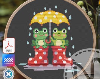 Frogs in Rain Boots Cross Stitch Pattern | Whimsical Embroidery (PDF)