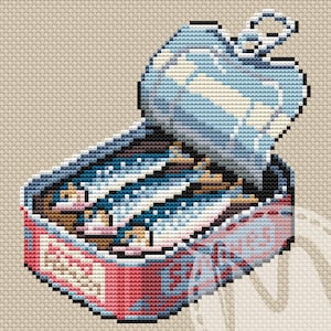 May include: Cross-stitch image of an open sardine tin. The tin is red with a blue and white lid, and contains several fish. The background is a neutral beige colour.
