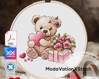 Teddybär Rosen Kreuzstichmuster, Romantisches Blumen Stickmuster (PDF)