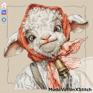 Peut inclure: Motif de point de croix d'un mouton portant une écharpe et un bonnet rouges, avec une cloche autour du cou. Le mouton a un visage détaillé et expressif avec de grands yeux et un léger sourire. Le fond est beige neutre.