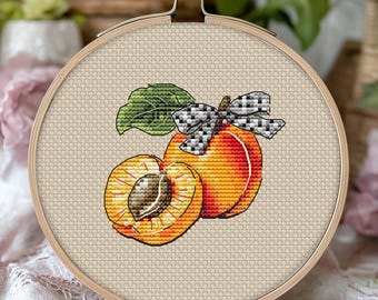 Apricot Cross Stitch Pattern: Gingham Bow, Summer Fruit (PDF Download)