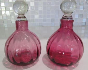 Hand-Blown Cranberry Art Glass Perfume Bottle-Optic Ribbed with Clear Ball Stopper-Vintage Vanity Decor
